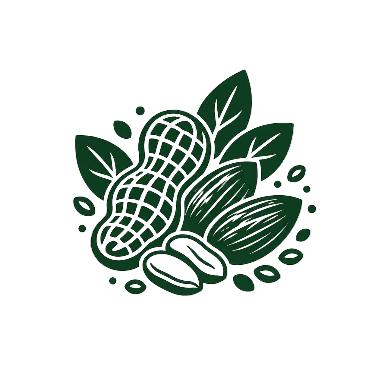 Green icon of a peanut with leaves on a transparent background