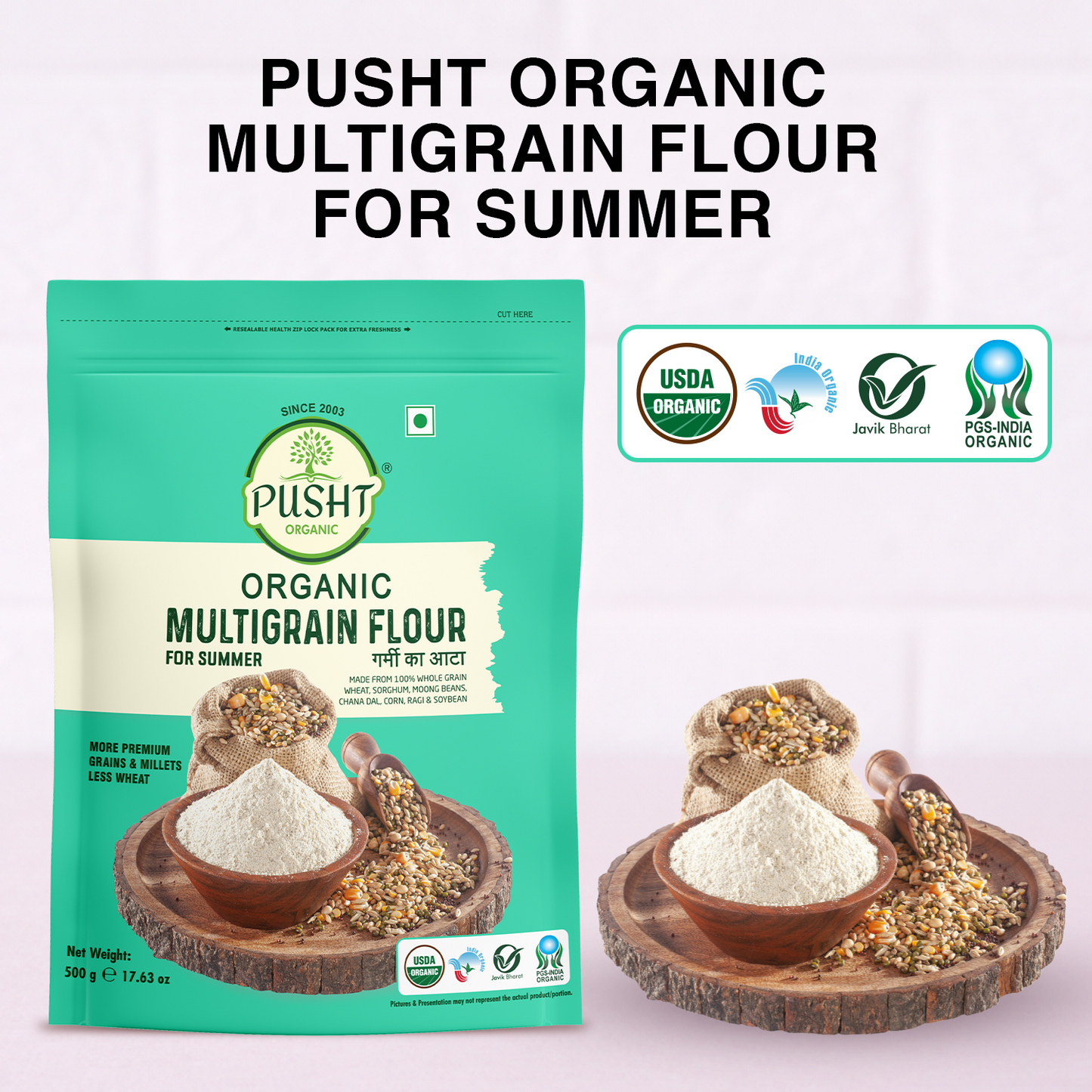 Pusht Organic Multi Grain Atta - Summer 500 Gm