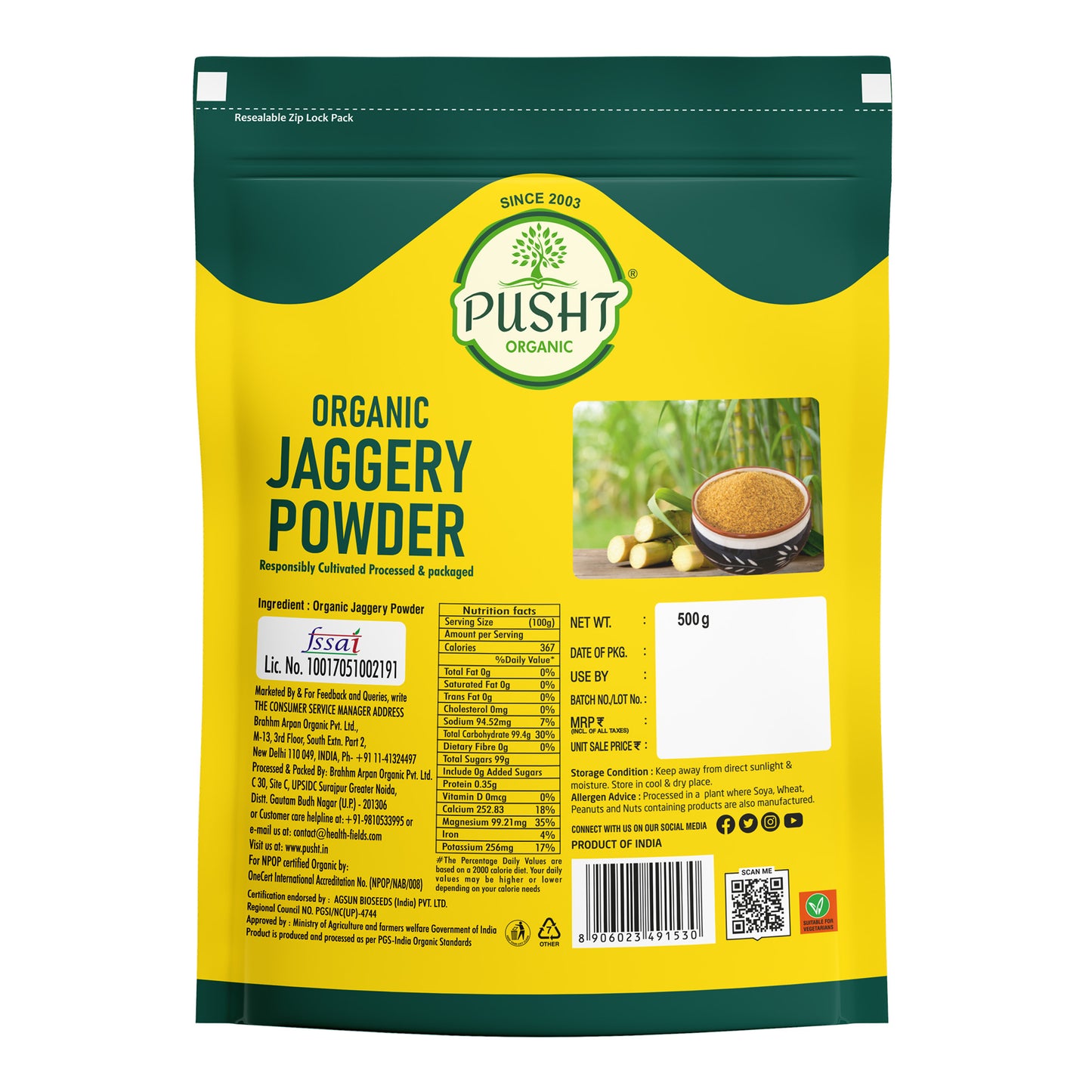 Pusht Organic Jaggery Powder | Gur | 500G