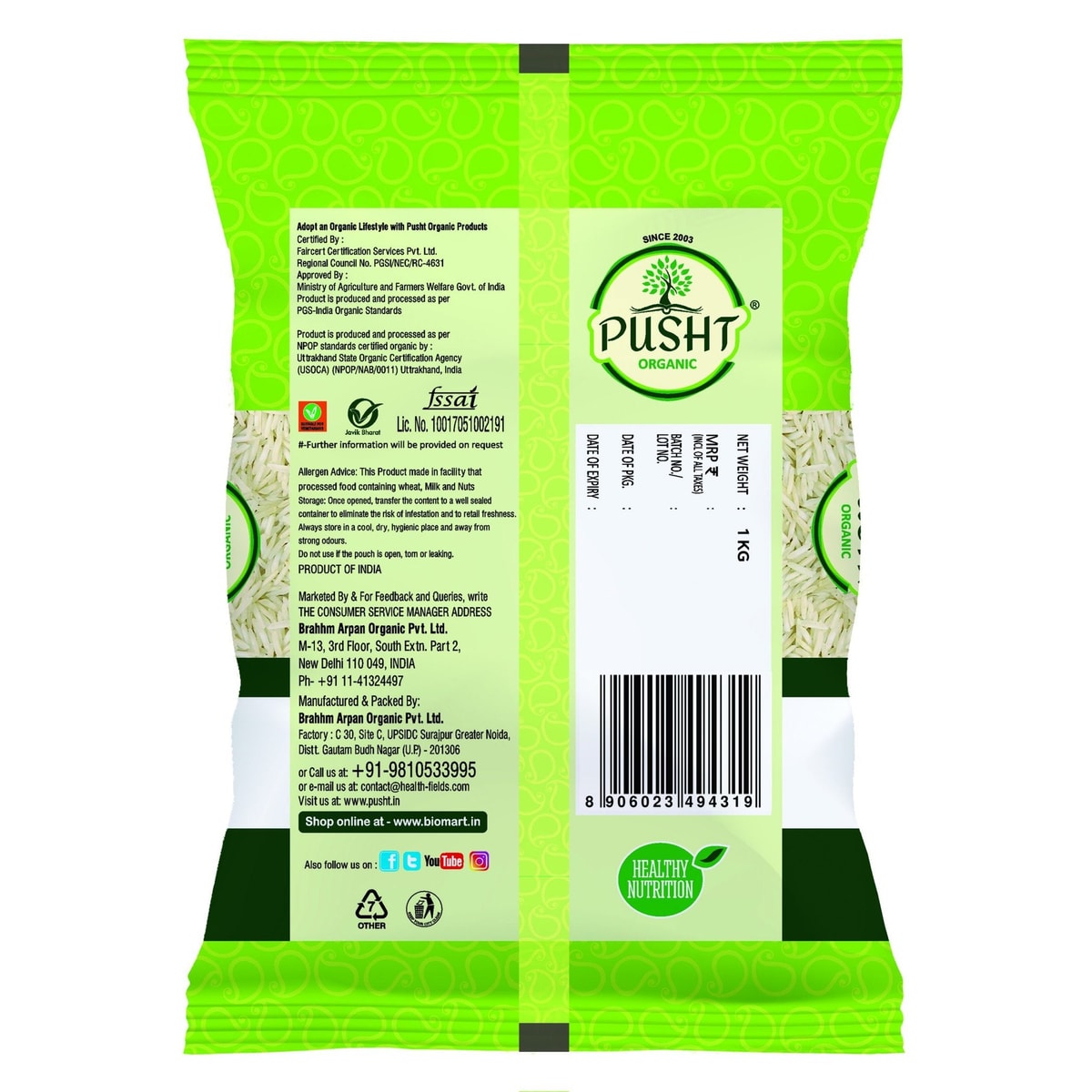 Pusht Organic White Basmati Rice 1Kg